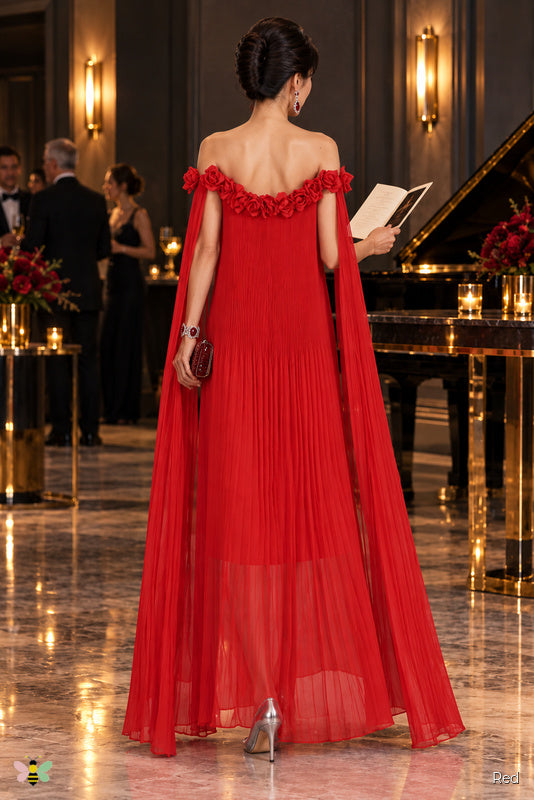 The Rosette Reverie Pleated Gown | Red | back