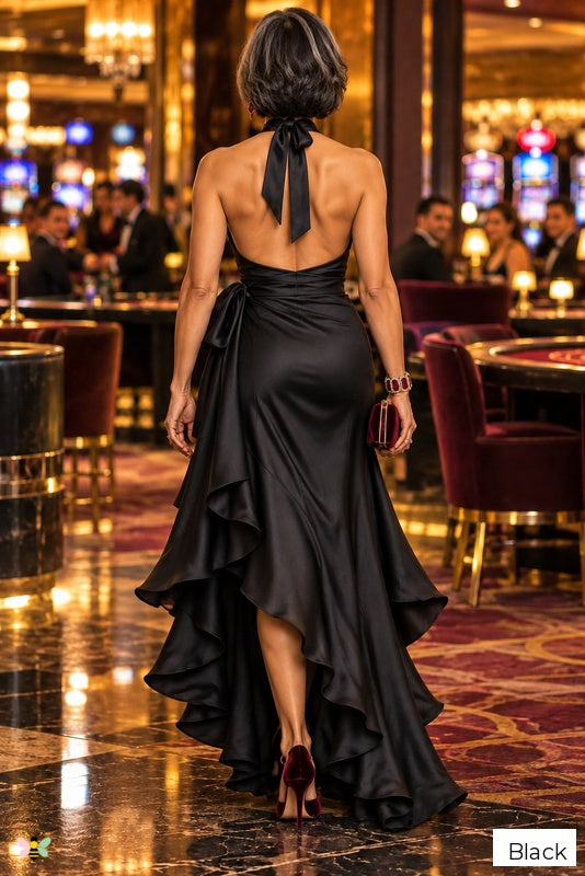 The Satin Cascade Halter Dress | Black | back