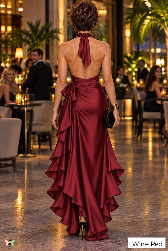 The Satin Cascade Halter Dress | Wine Red | back