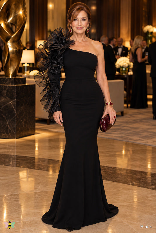 The Sculpture Ruffle-Sleeve Mermaid Gown | Black | front