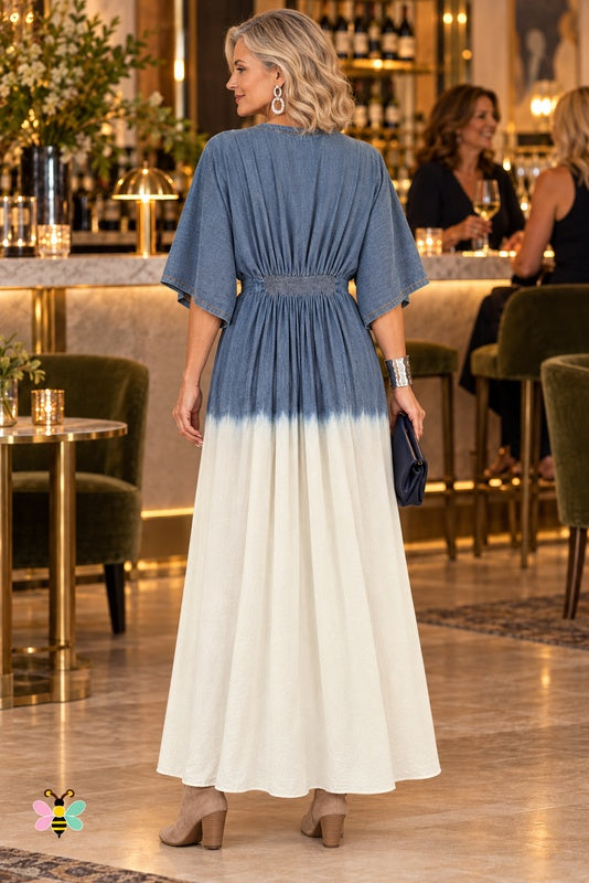Silver Tide dress back with closed neckline and smocked waist