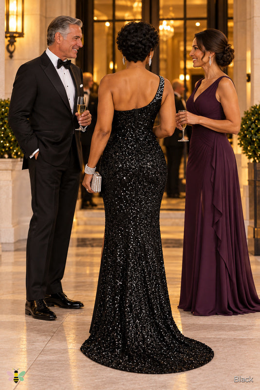 The Starlight Sweep One-Shoulder Gown | Black | back