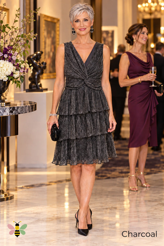Starlight Twist Tiered Shimmer Dress | Charcoal | front
