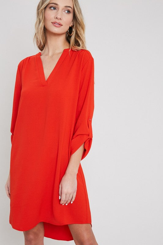 Quarter Sleeve Roll-Tab Shirt Dress