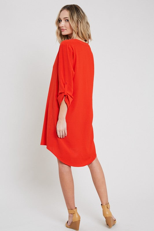 Quarter Sleeve Roll-Tab Shirt Dress