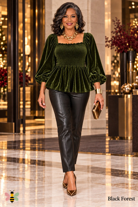 Velour Smocked Peplum Blouse — Black Forest — Front