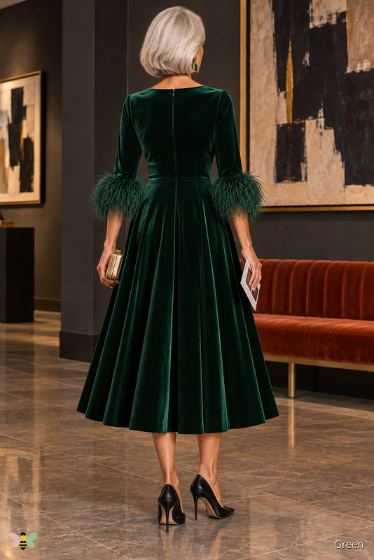 The Velvet Cadence Feather-Cuff Dress | Green | back