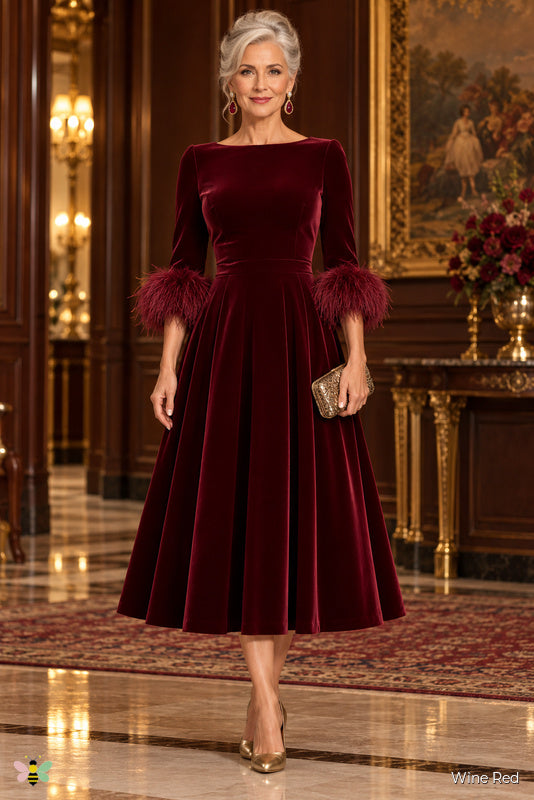 The Velvet Cadence Feather-Cuff Dress | Wine Red | front