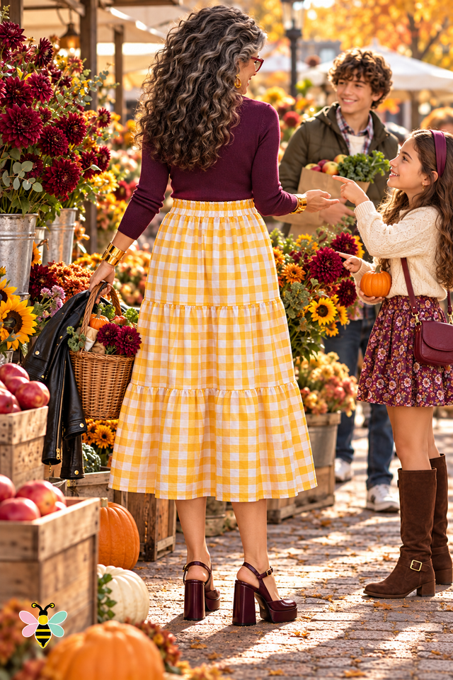 Marigold Gingham Tiered Skirt | Yellow/White | back