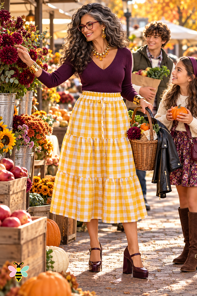 Marigold Gingham Tiered Skirt | Yellow/White | front