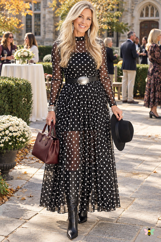 The Honor Roll Polka-Dot Mesh Maxi Dress