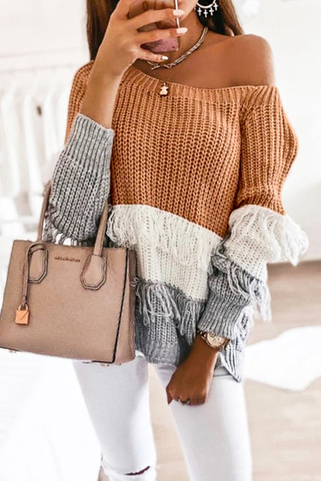 Fringe Detail Color Block Sweater Top