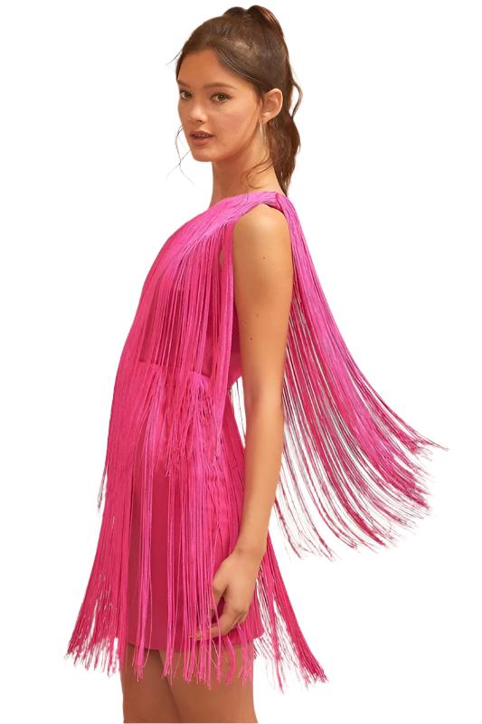 Half Shoulder Back Zipper Fringe Mini Dress