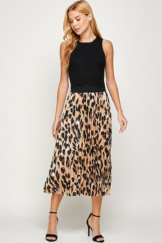 Animal Print Pleated Midi Skirt