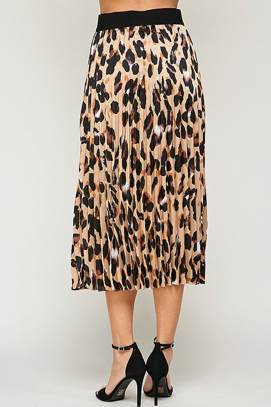 Animal Print Pleated Midi Skirt