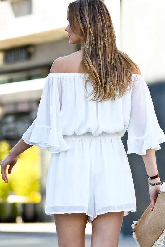 Off the Shoulder Ruffle Bell Sleeve Romper