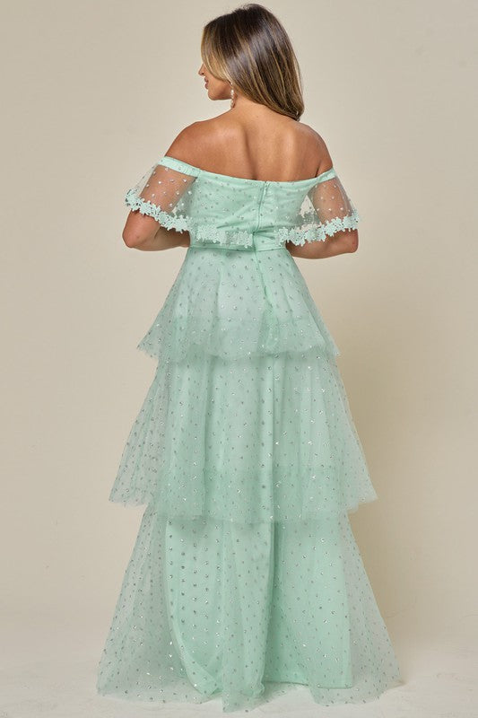 Mint Tiered Dress with Silver Spackle