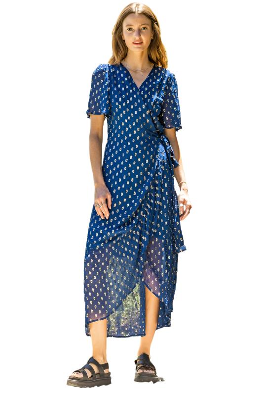Short Sleeve Lurex Polka Dot Wrap Dress