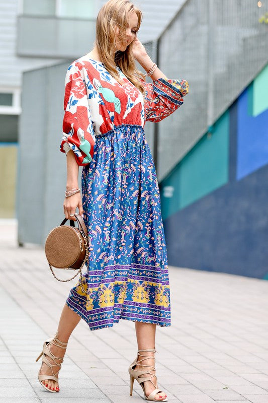 Multi Color Floral Print Midi Dress