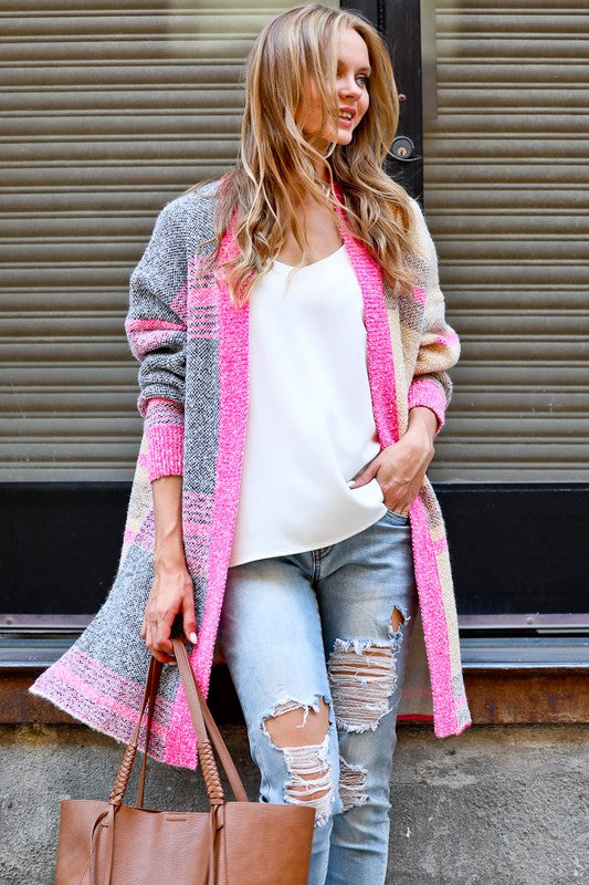 Multi-Color Pattern Open Front Sweater Cardigan