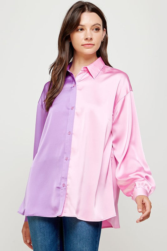 Color Block Satin Button-Down Shirt