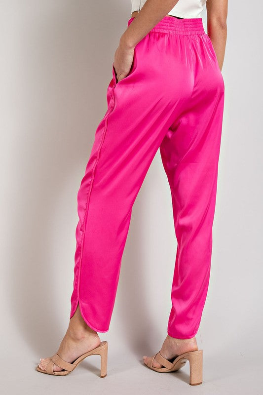 Smocked Satin Pants in Hot Pink