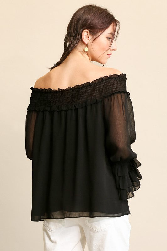 Smocked Detail Off Shoulder and Tiered Sleeve Top