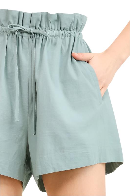 Paperbag Waist Side Pockets Shorts Blue
