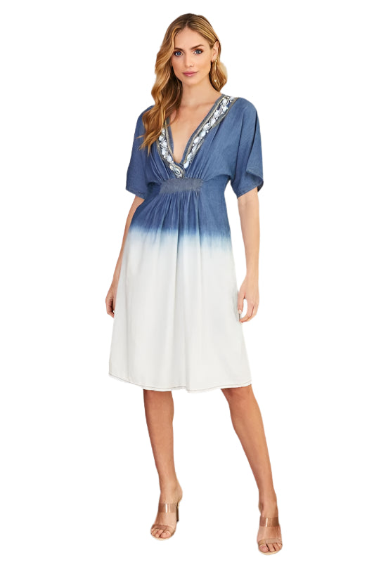 Dip Dye Low Embellishment Smocked Waist Midi Dress