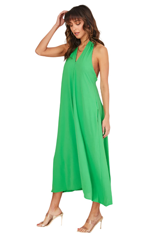 Halter Crossover Back V Neck Maxi Dress