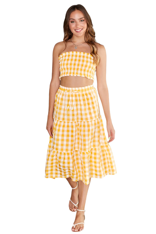 Plaid Smocked Tube Top Block Ruffle Maxi Skirt Set