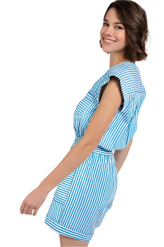 Striped Rolled Hem Button Romper with Pockets