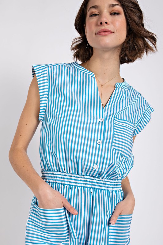 Striped Rolled Hem Button Romper with Pockets