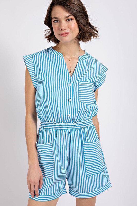 Striped Rolled Hem Button Romper with Pockets