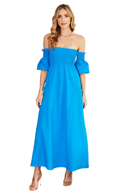 Off Shoulder Smocked Middle Slit Maxi Linen Dress