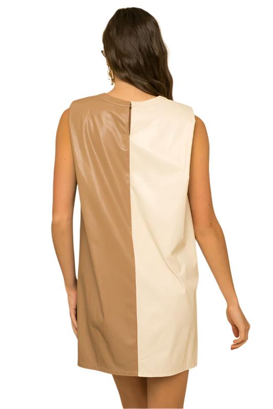 Color Block Faux Leather Dress With  Power Shoulder