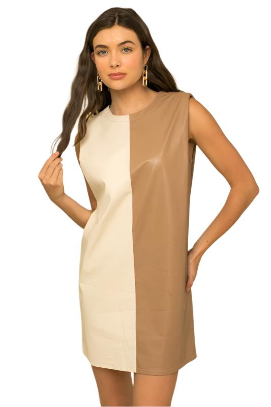 Color Block Faux Leather Dress With  Power Shoulder