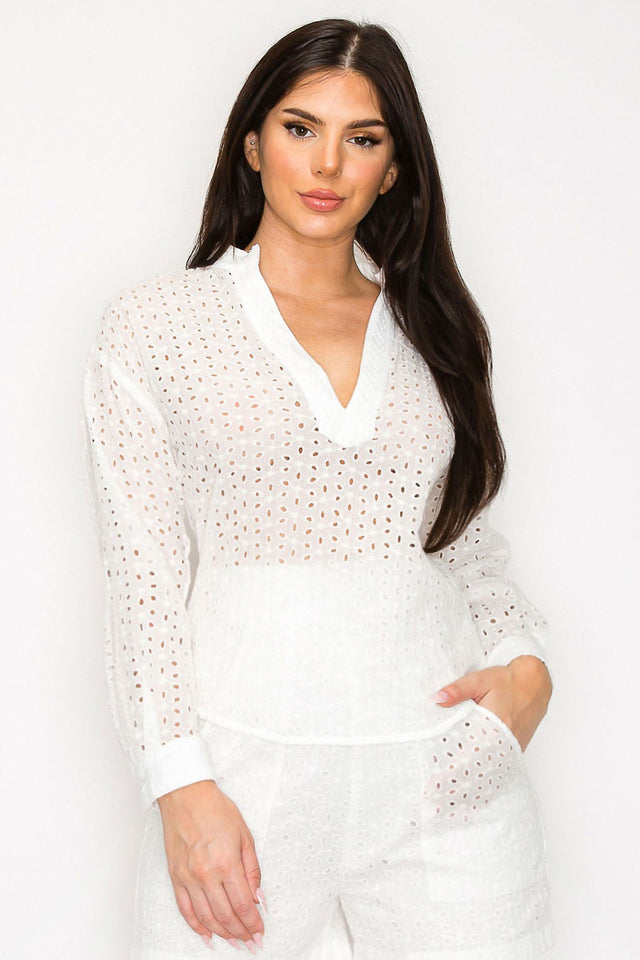 White Eyelet V-Neck Top