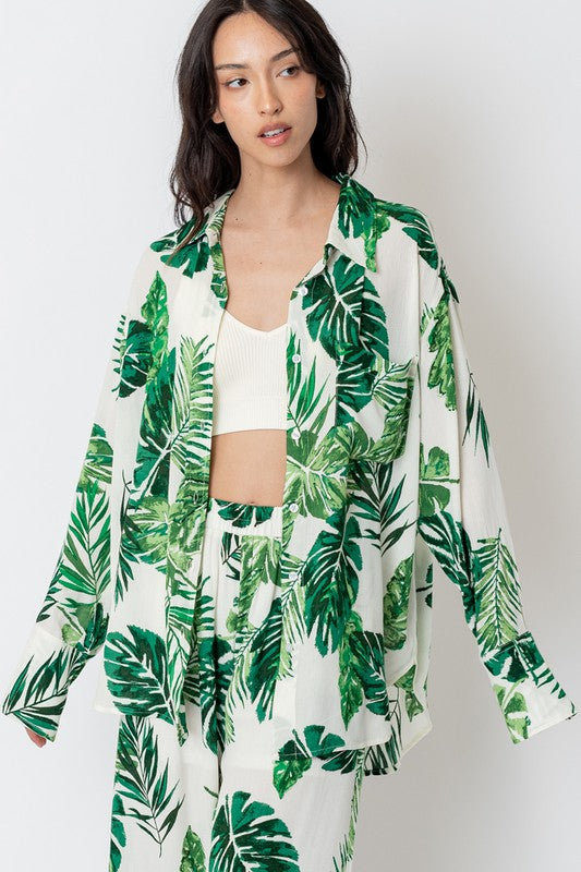 Long Sleeve Button Down Shirt with Palm Leaves
