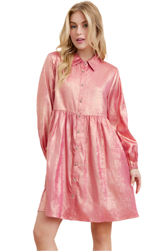 Metallic Button-up Baby Doll Dress
