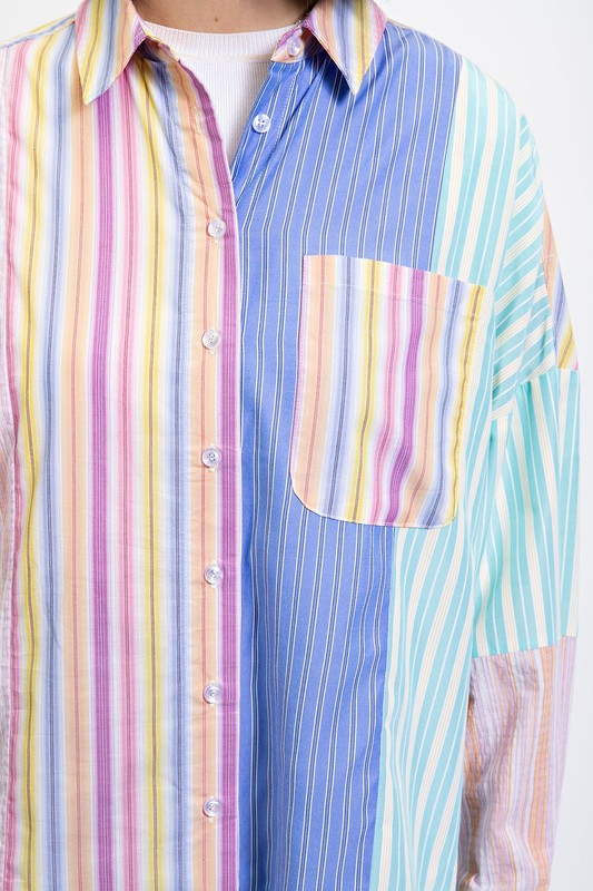 Mixed Striped Print Button Down Shirt
