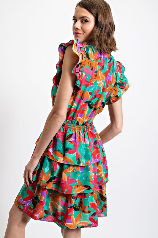 Floral Print Tiered Skirt Dress with Lining