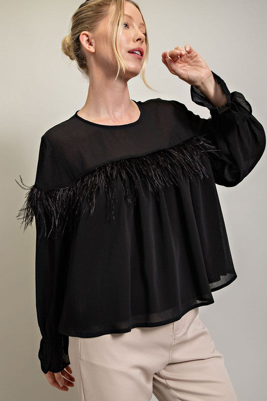 Feather Detail Long Sleeve Top in Black