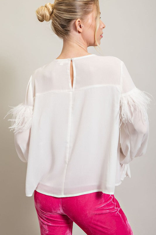 Feather Detail Long Sleeve Top in White