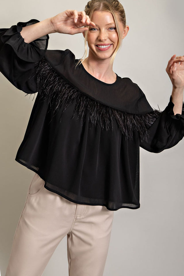 Feather Detail Long Sleeve Top