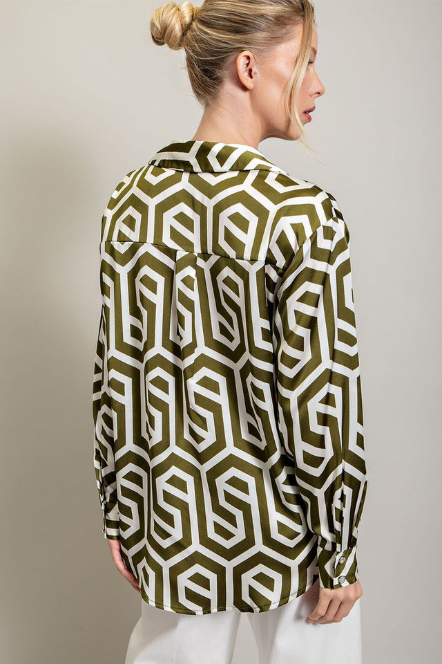 Printed Button Down Long Sleeve Top