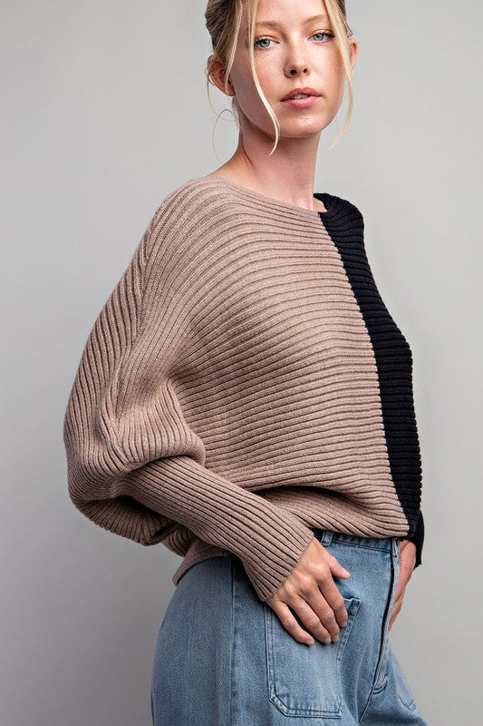 Ribbed Color Block Sweater in Black