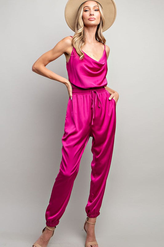 Satin Cowl Sleeveless Jumpsuit in Hot Pink