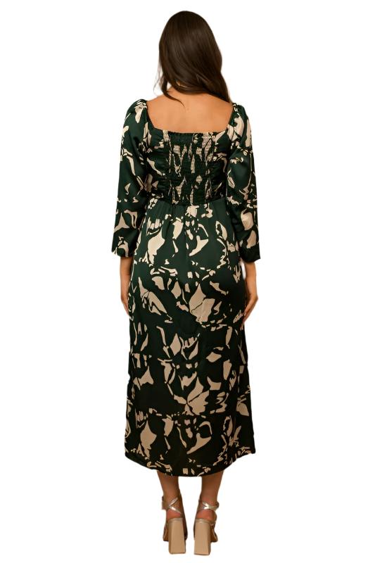 3/4 Sleeve Surplice Back Smocking Wrap Midi Dress