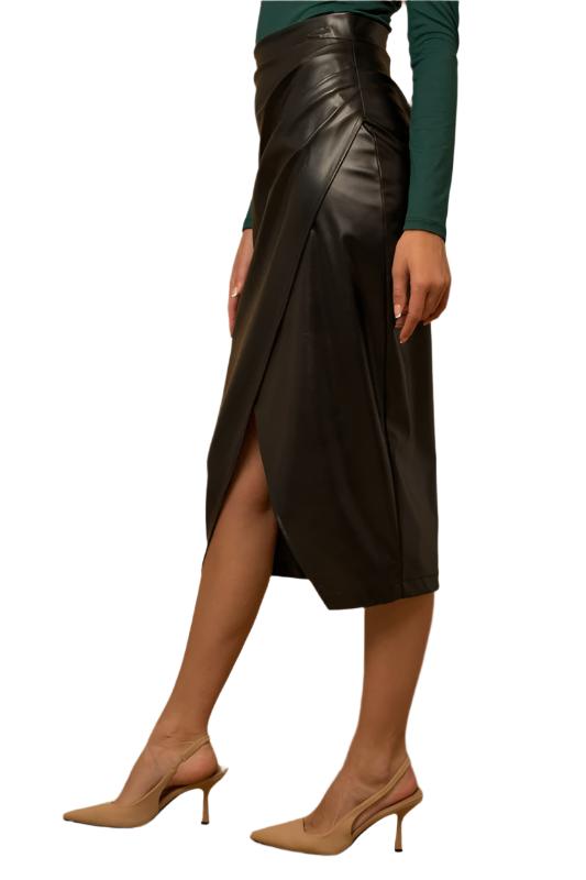 Back Zipper Side Pleated Wrap PU Midi Skirt